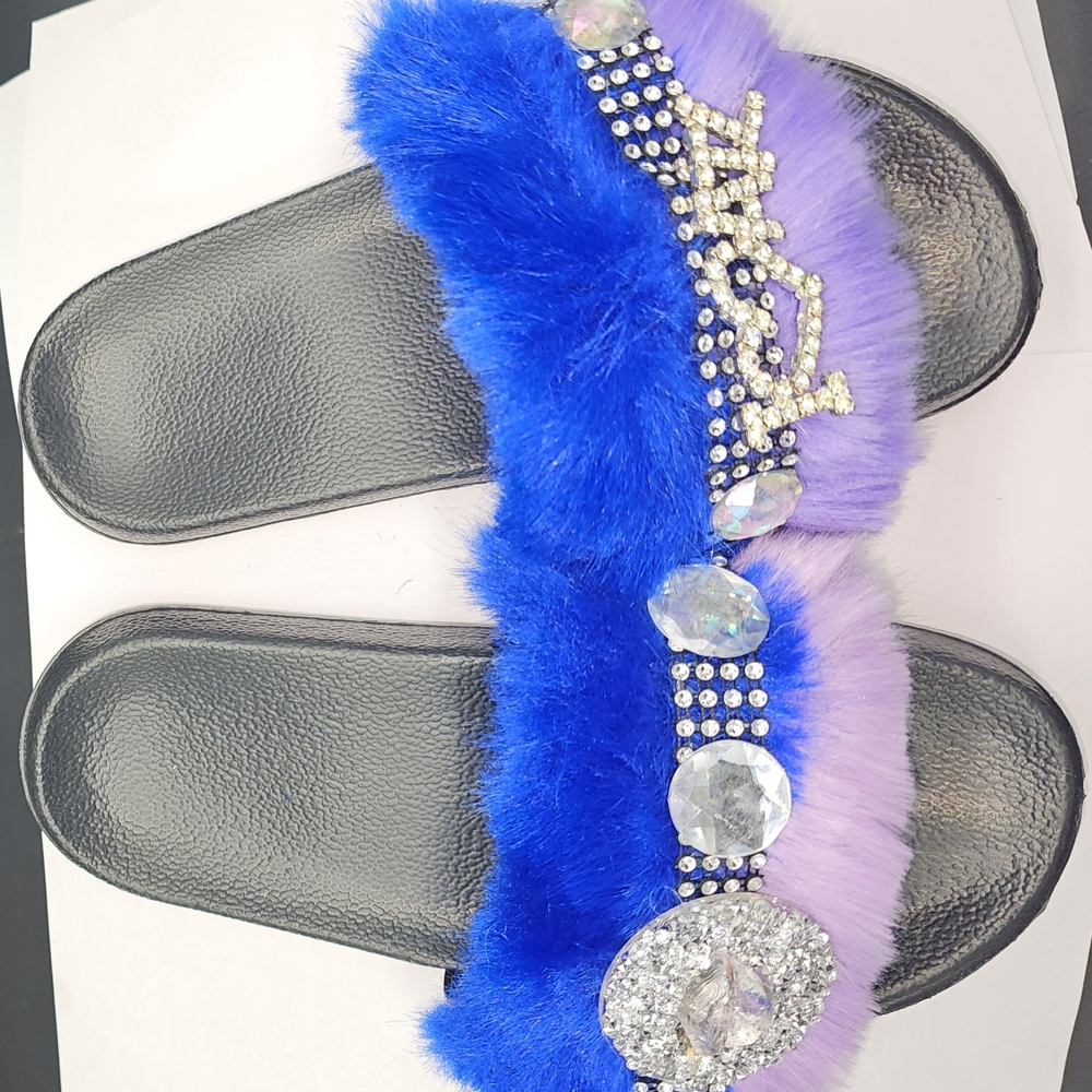 Women's Blue and Purple Fur Embellished Slides